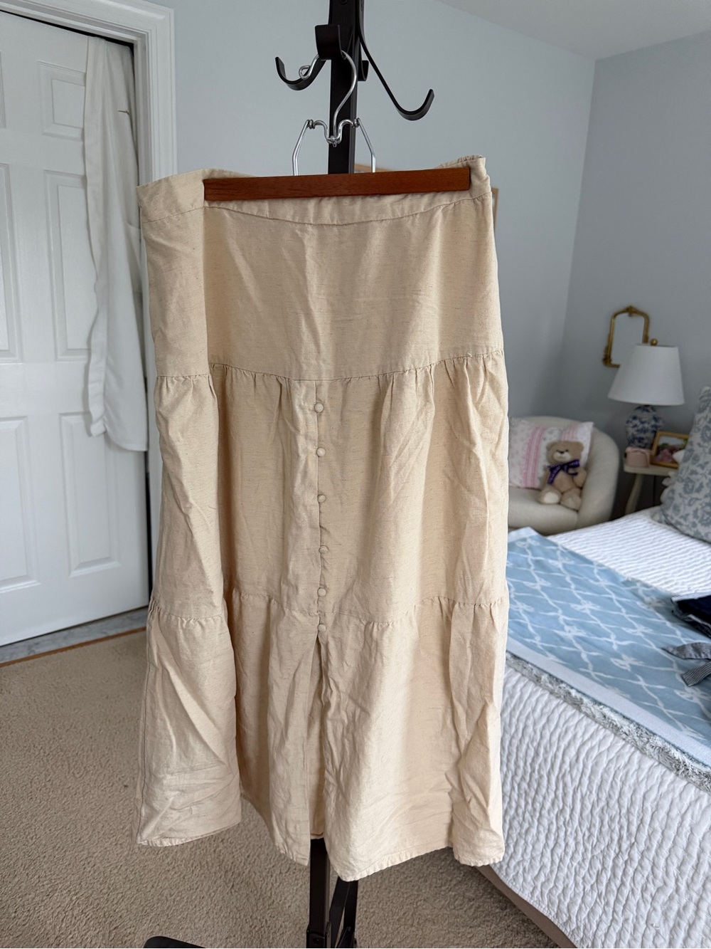 Neutral Cream Button-Front Tiered Midi Skirt